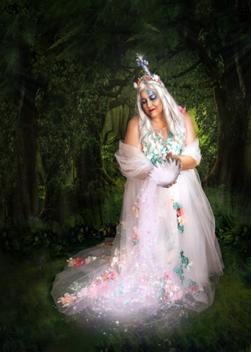 Woman in a fantasy style dress and unicorn horn holding a magic wand and spellbook in an enchanted forest.