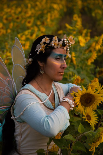 A woman in a fairy costume and fairy wings sits by sunflowers